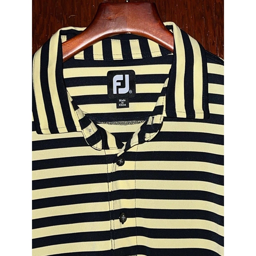 FJ FOOTJOY YELLOW & DK BLUE STRIPED GOLF POLO SHIRT XXL EAGLE CREEK GC ON SLEEVE